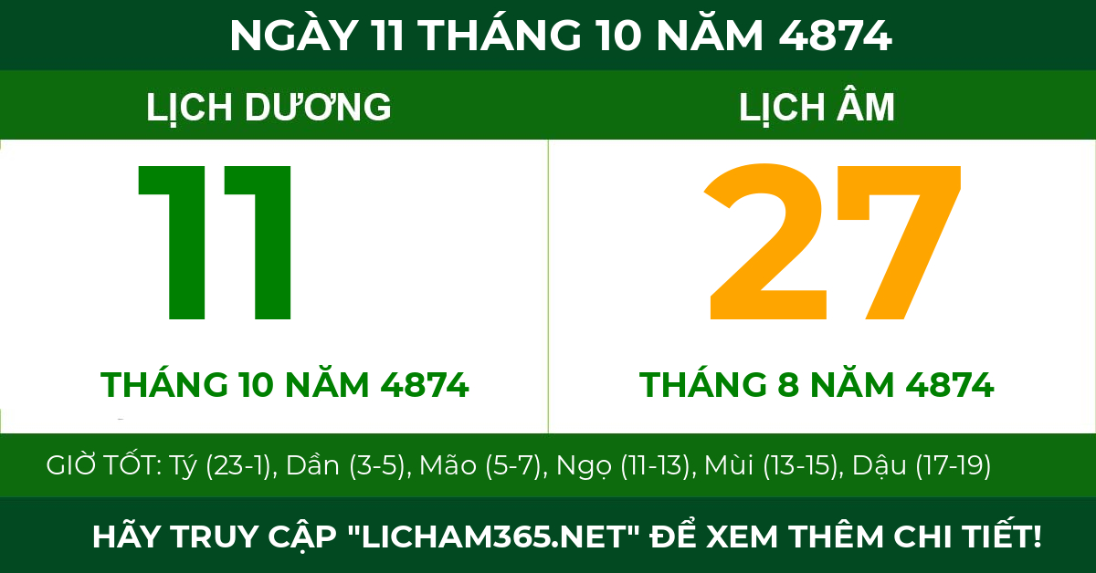 lịch âm ngày 11 tháng 10 năm 4874
