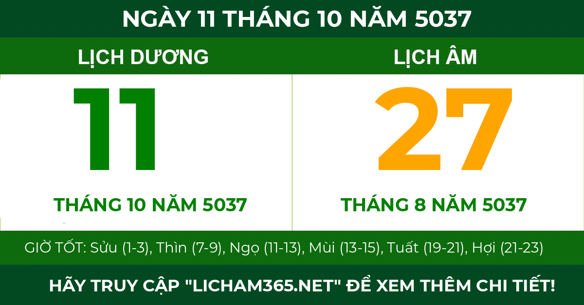 lịch âm ngày 11 tháng 10 năm 5037