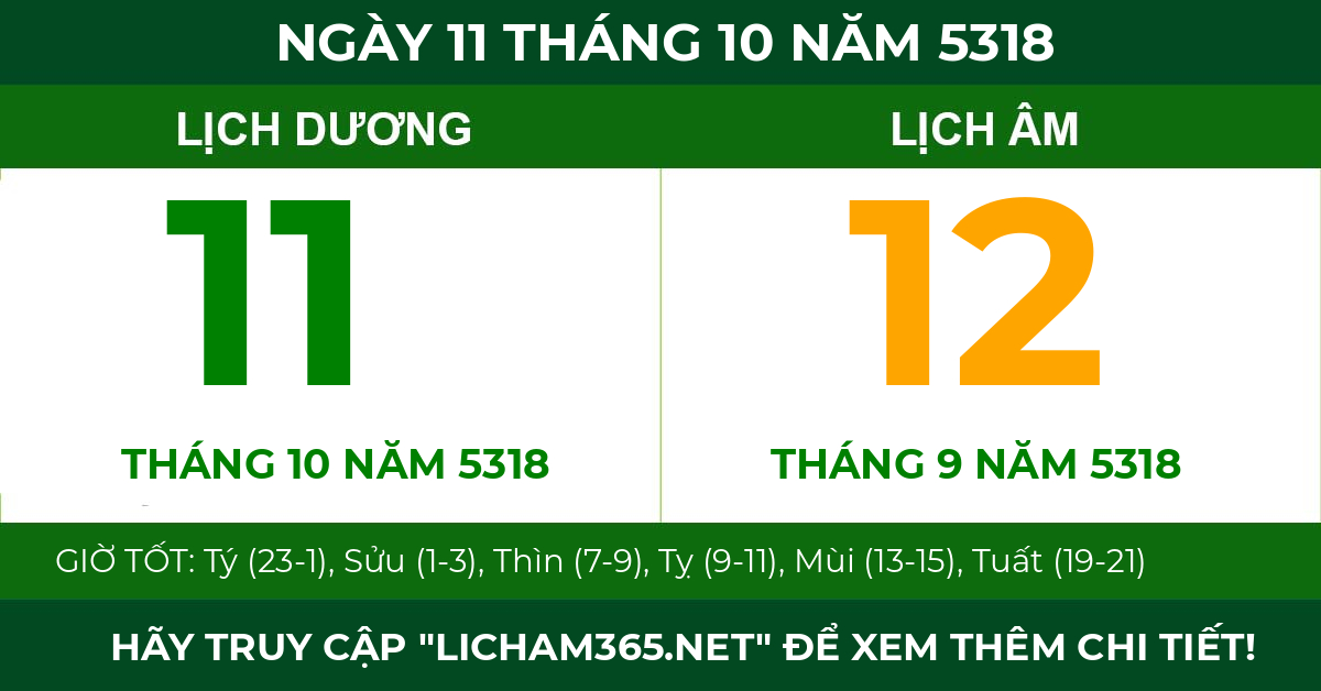 lịch âm ngày 11 tháng 10 năm 5318