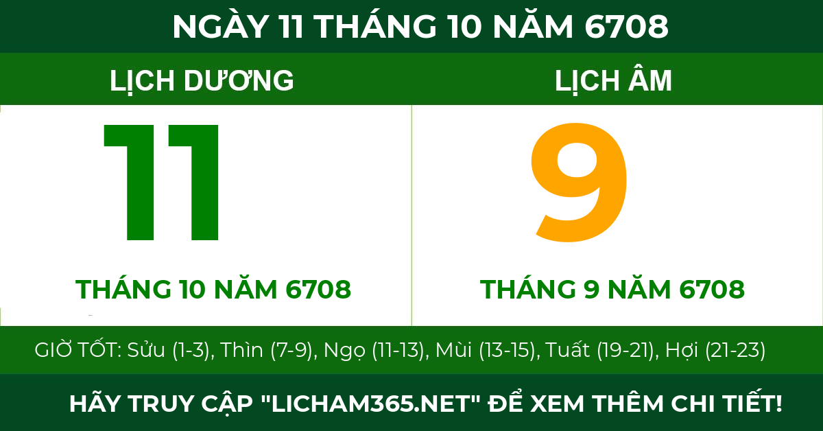 lịch âm ngày 11 tháng 10 năm 6708