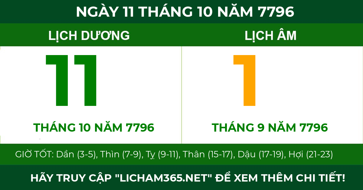 lịch âm ngày 11 tháng 10 năm 7796