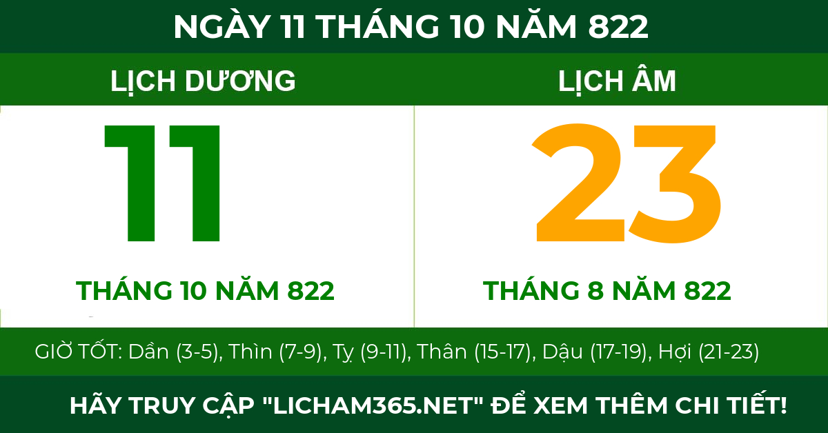 lịch âm ngày 11 tháng 10 năm 822