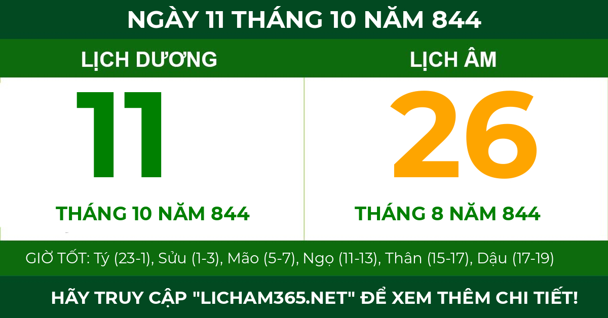 lịch âm ngày 11 tháng 10 năm 844