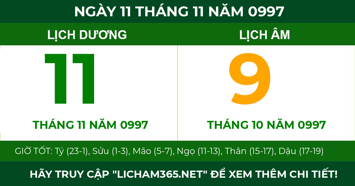 lịch âm ngày 11 tháng 11 năm 0997