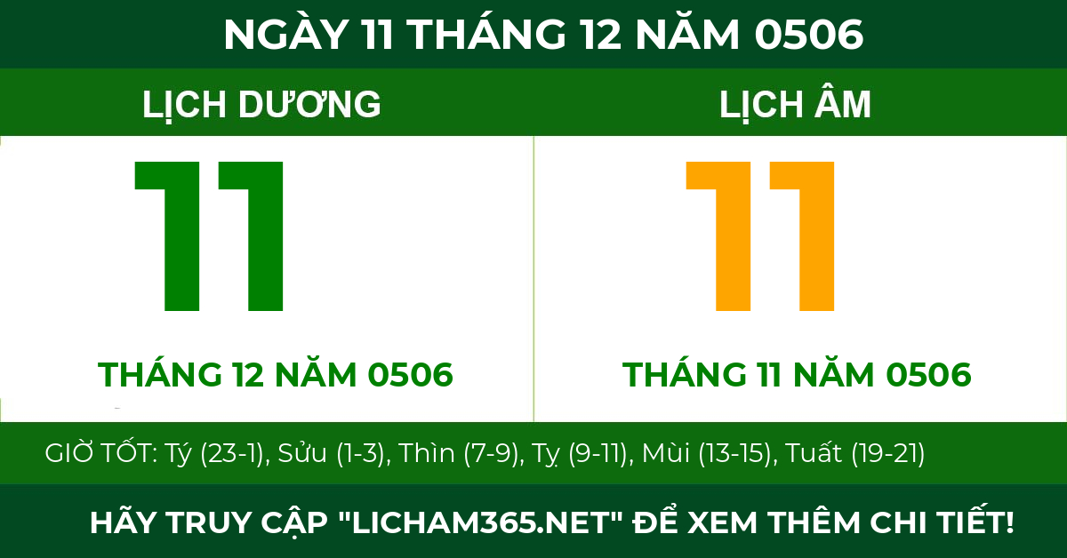 lịch âm ngày 11 tháng 12 năm 0506