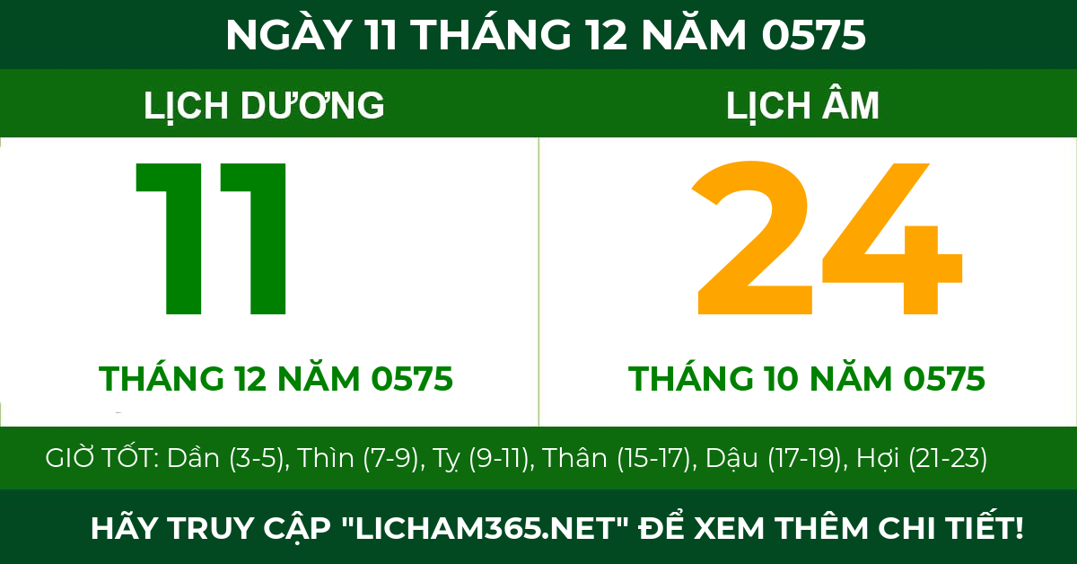 lịch âm ngày 11 tháng 12 năm 0575
