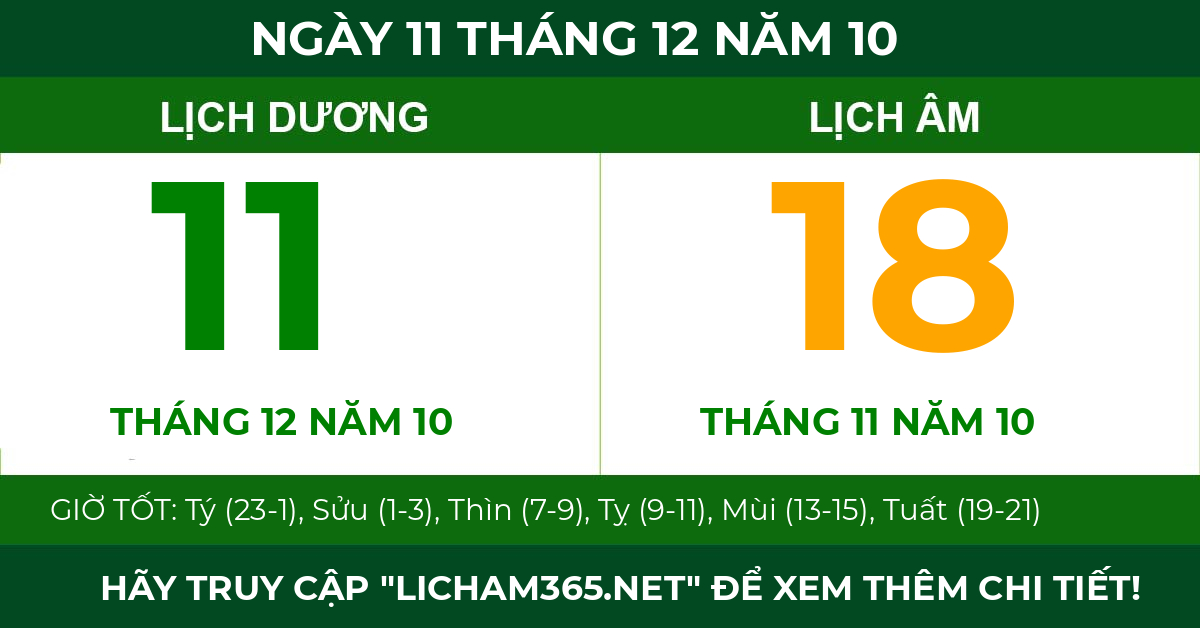 lịch âm ngày 11 tháng 12 năm 10