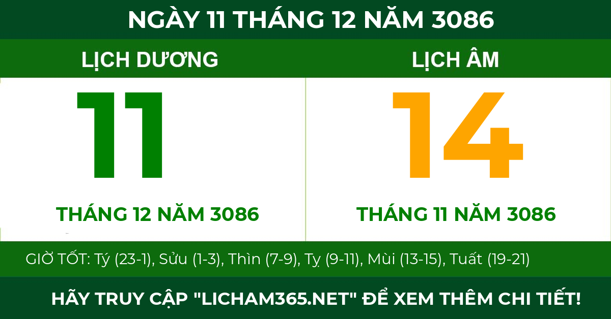 lịch âm ngày 11 tháng 12 năm 3086