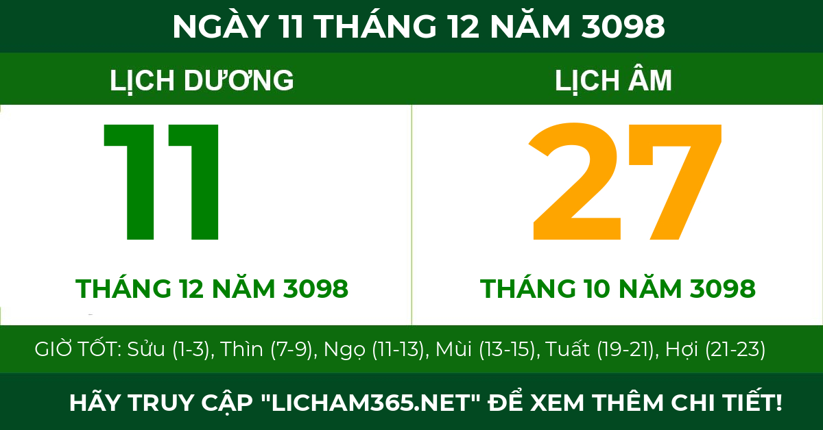 lịch âm ngày 11 tháng 12 năm 3098