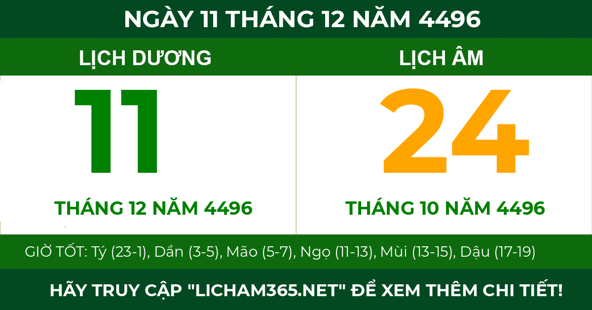 lịch âm ngày 11 tháng 12 năm 4496