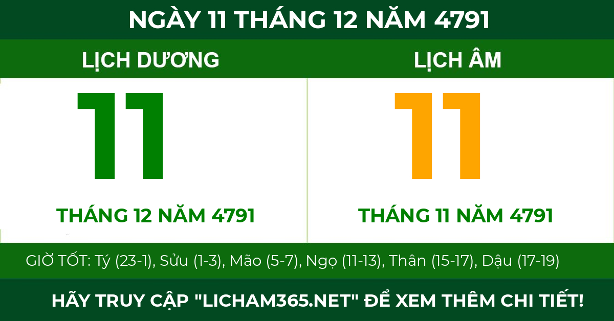 lịch âm ngày 11 tháng 12 năm 4791