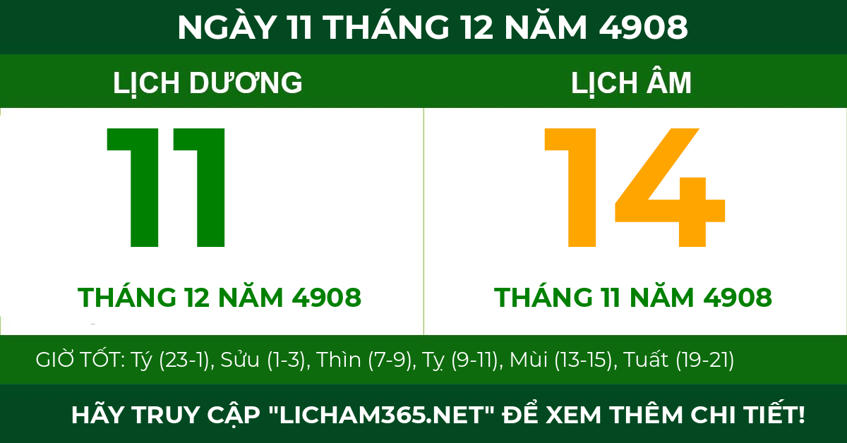 lịch âm ngày 11 tháng 12 năm 4908