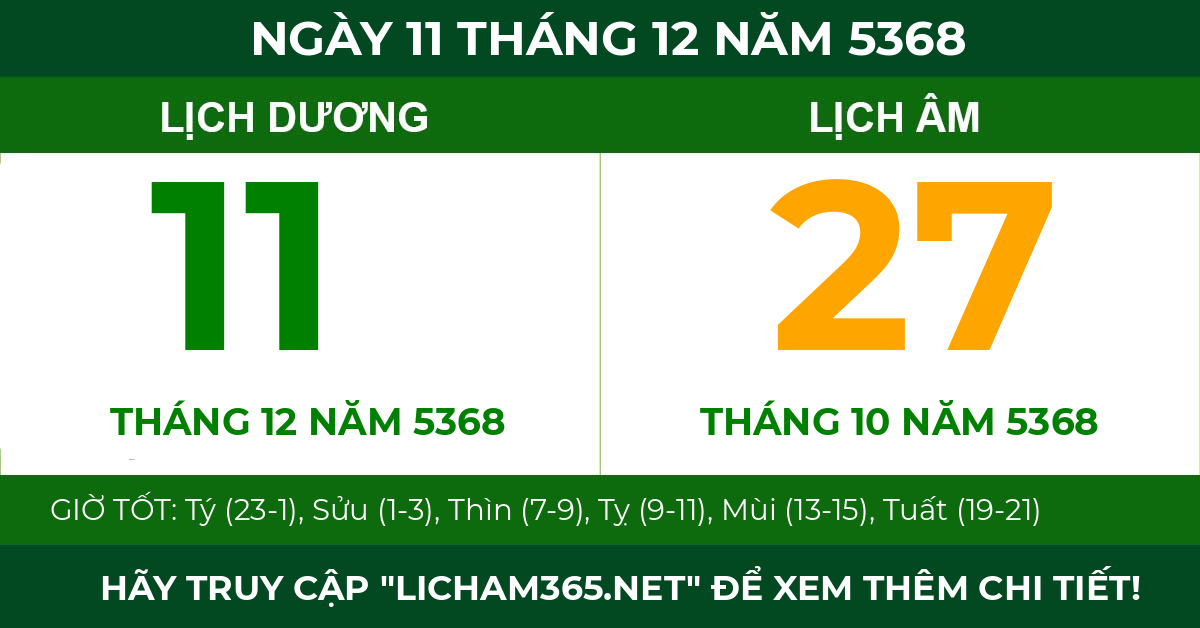 lịch âm ngày 11 tháng 12 năm 5368