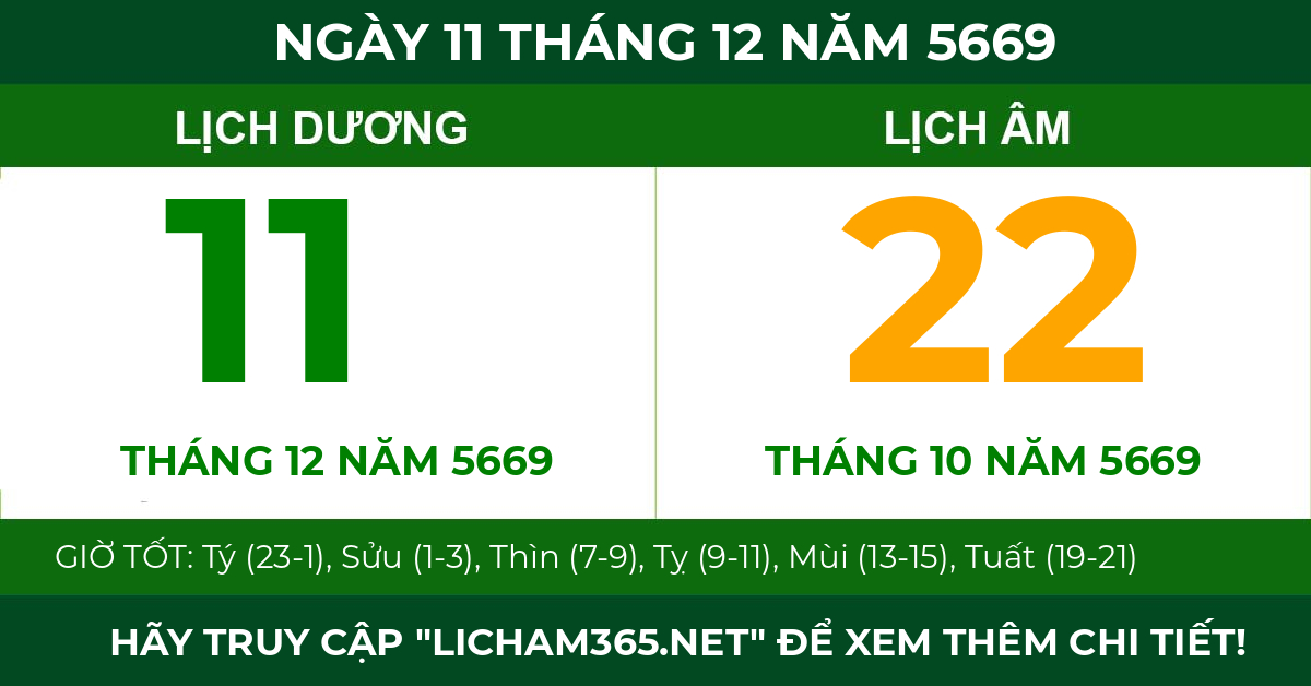 lịch âm ngày 11 tháng 12 năm 5669