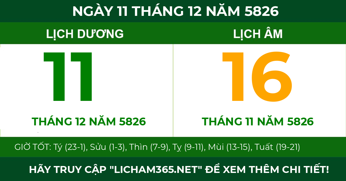 lịch âm ngày 11 tháng 12 năm 5826