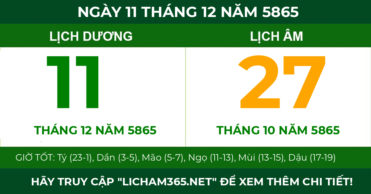 lịch âm ngày 11 tháng 12 năm 5865