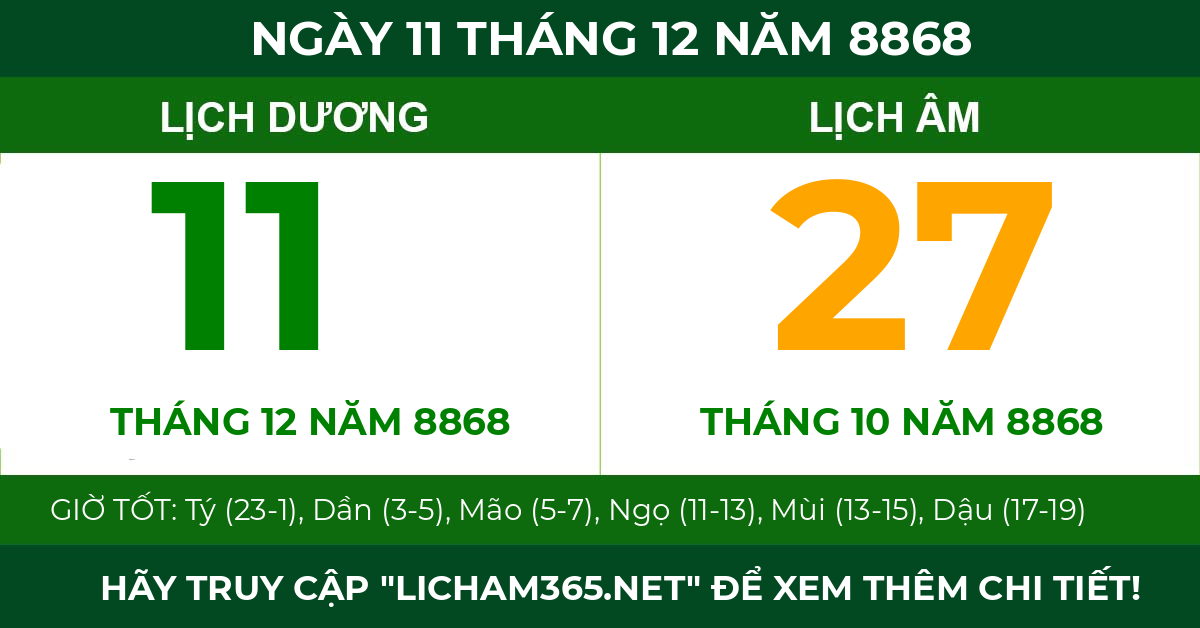 lịch âm ngày 11 tháng 12 năm 8868