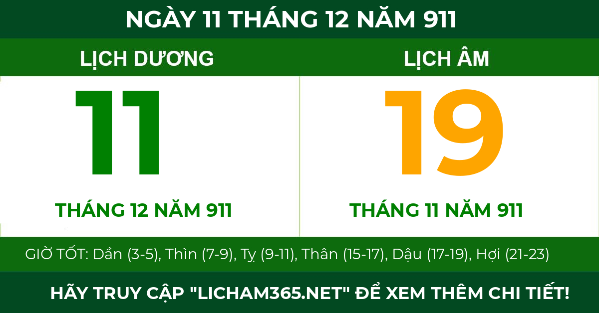 lịch âm ngày 11 tháng 12 năm 911