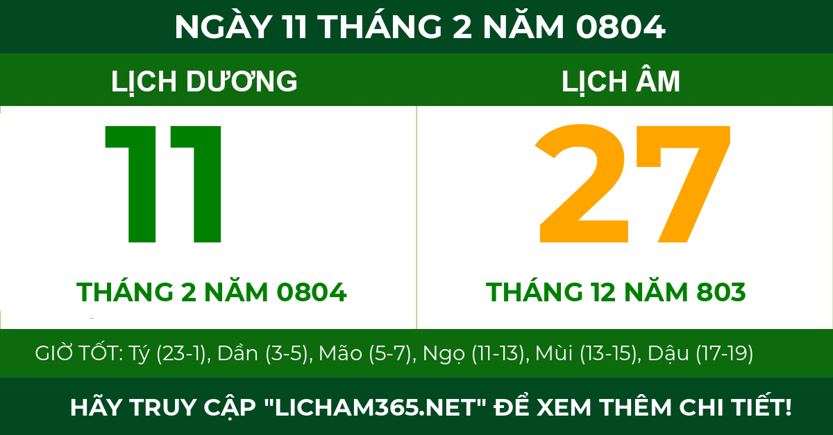 lịch âm ngày 11 tháng 2 năm 0804