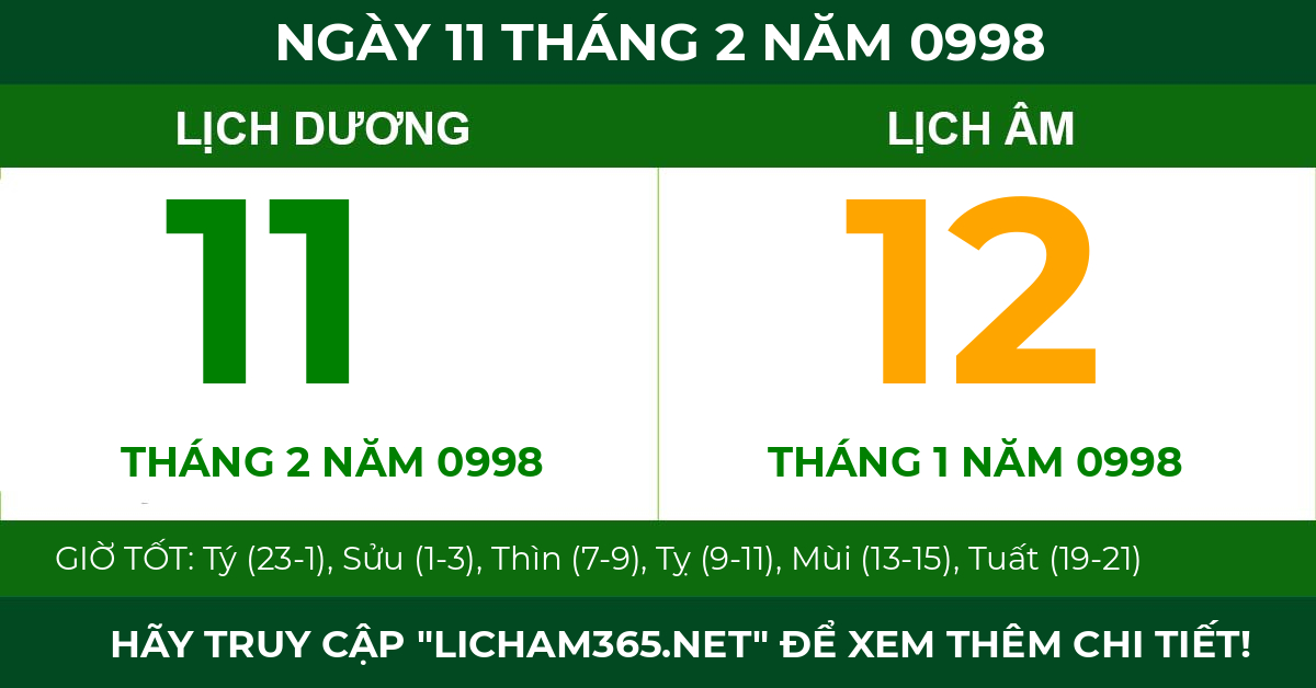 lịch âm ngày 11 tháng 2 năm 0998