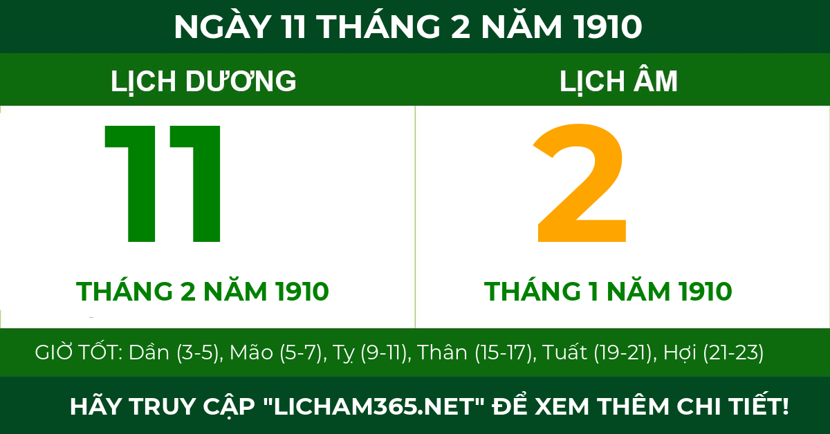 lịch âm ngày 11 tháng 2 năm 1910