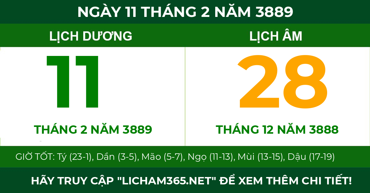 lịch âm ngày 11 tháng 2 năm 3889