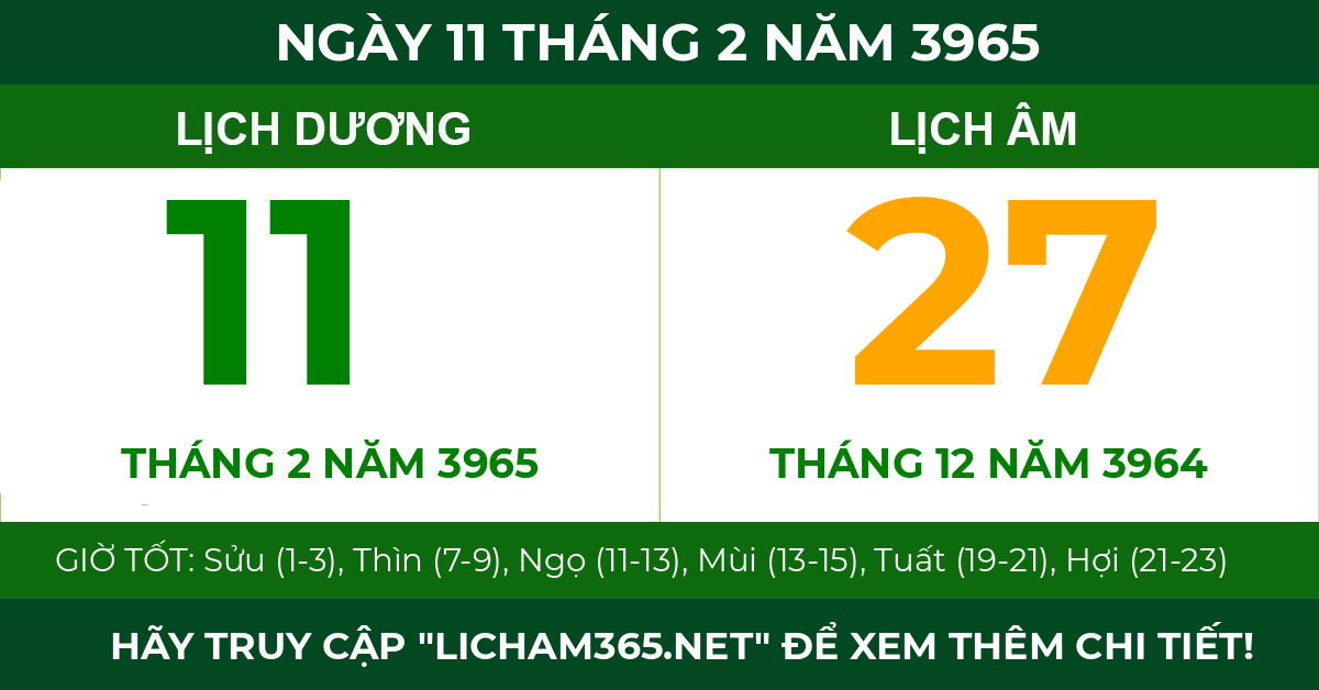 lịch âm ngày 11 tháng 2 năm 3965