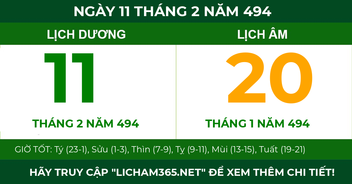 lịch âm ngày 11 tháng 2 năm 494
