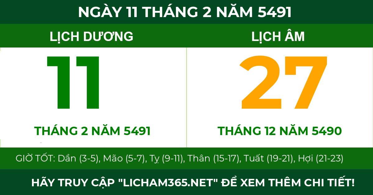 lịch âm ngày 11 tháng 2 năm 5491