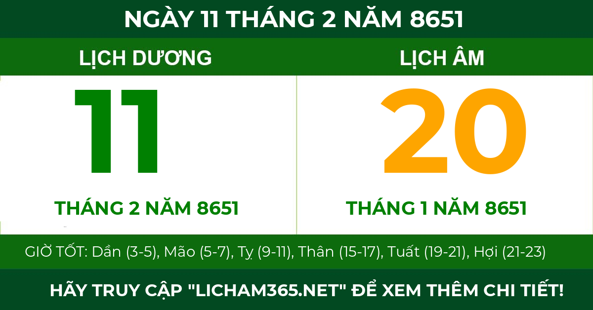 lịch âm ngày 11 tháng 2 năm 8651