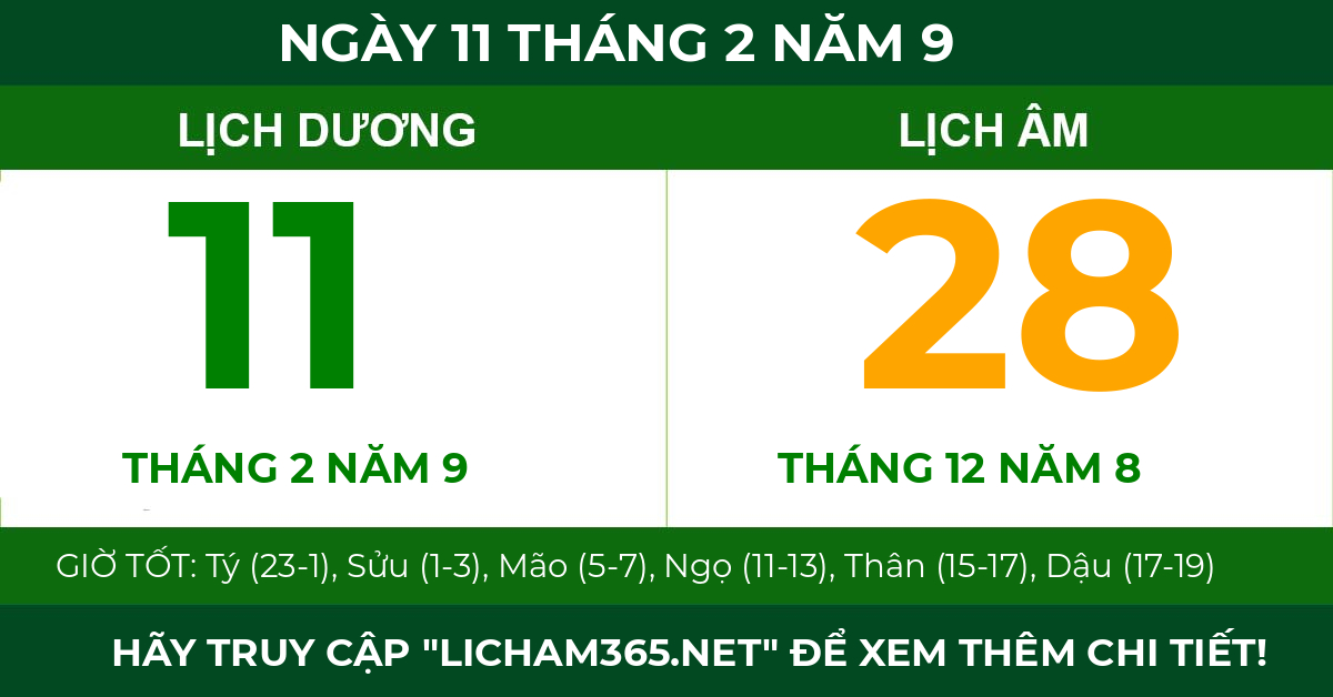 lịch âm ngày 11 tháng 2 năm 9
