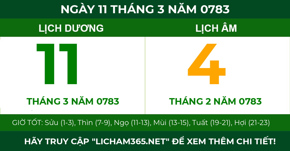 lịch âm ngày 11 tháng 3 năm 0783