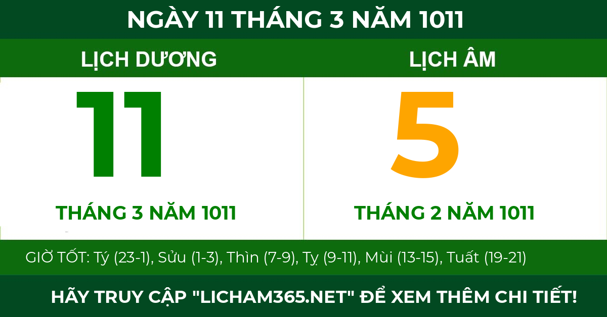 lịch âm ngày 11 tháng 3 năm 1011