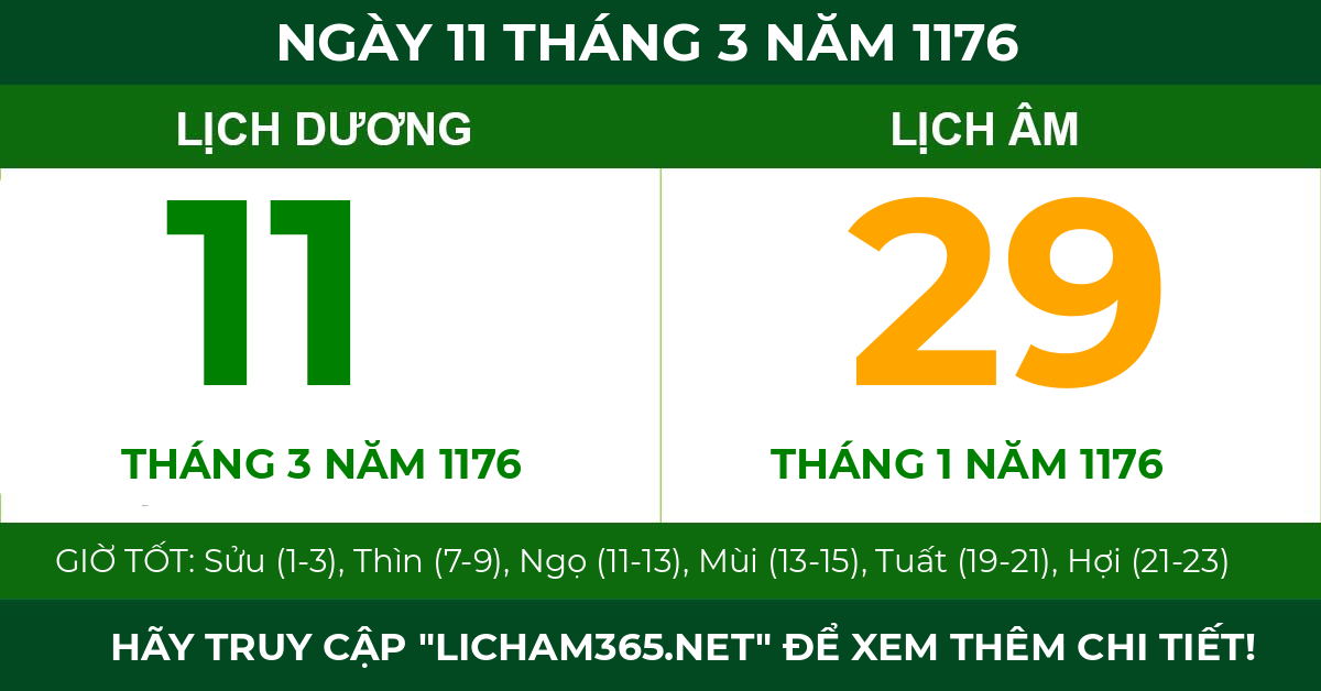 lịch âm ngày 11 tháng 3 năm 1176