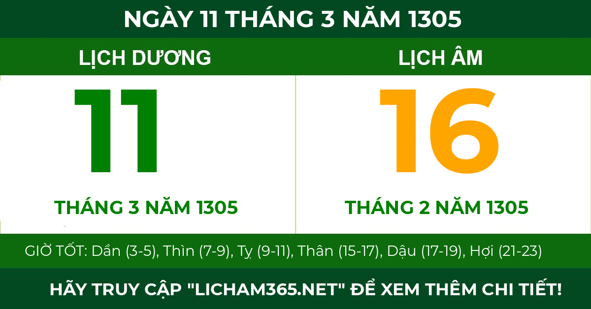 lịch âm ngày 11 tháng 3 năm 1305