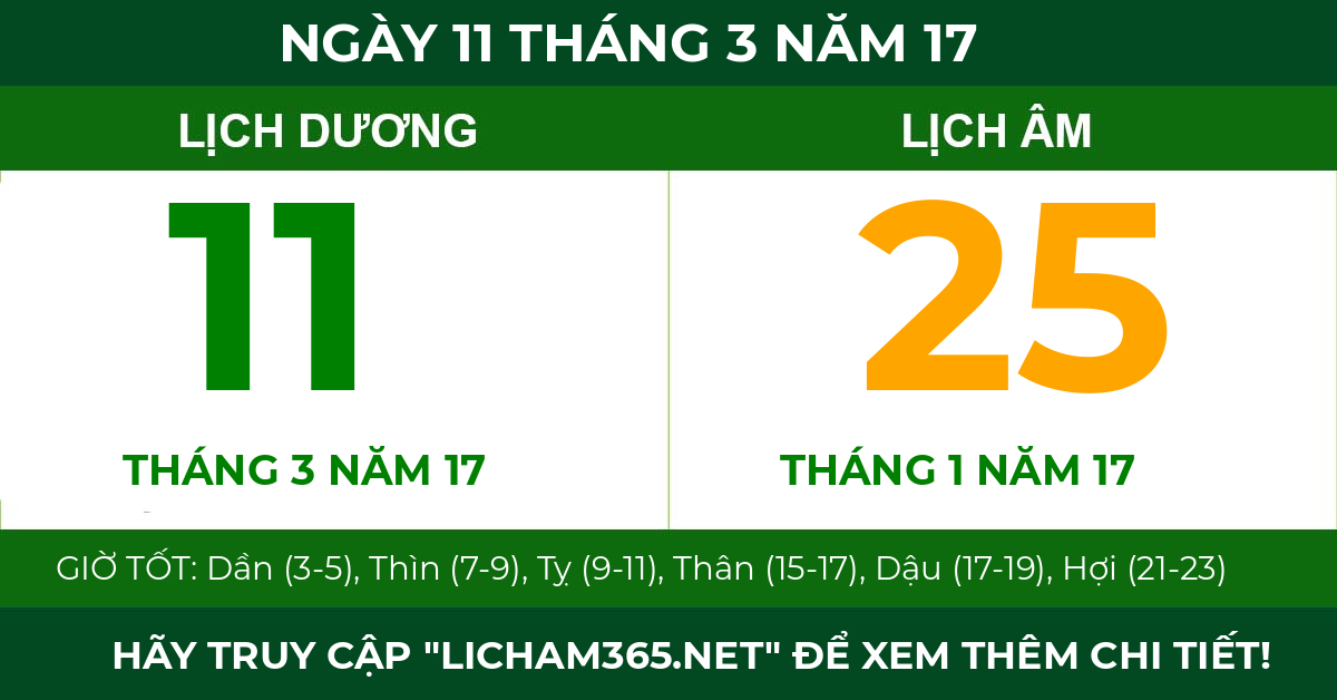 lịch âm ngày 11 tháng 3 năm 17