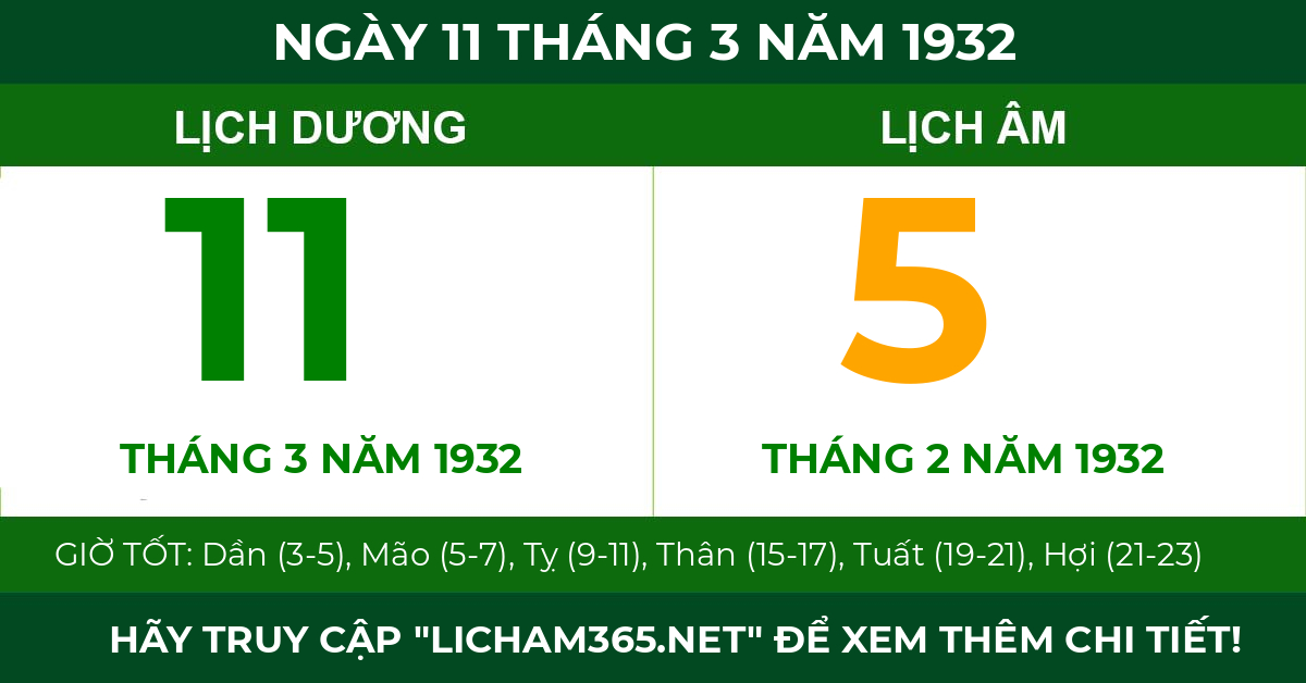lịch âm ngày 11 tháng 3 năm 1932