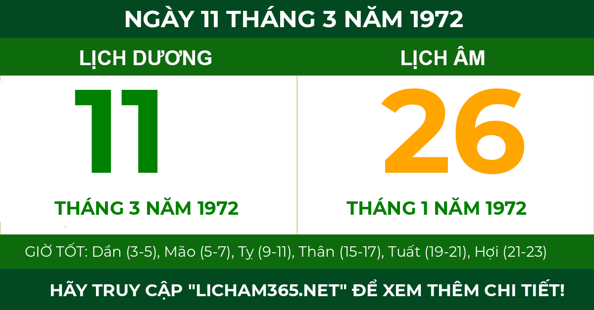 lịch âm ngày 11 tháng 3 năm 1972