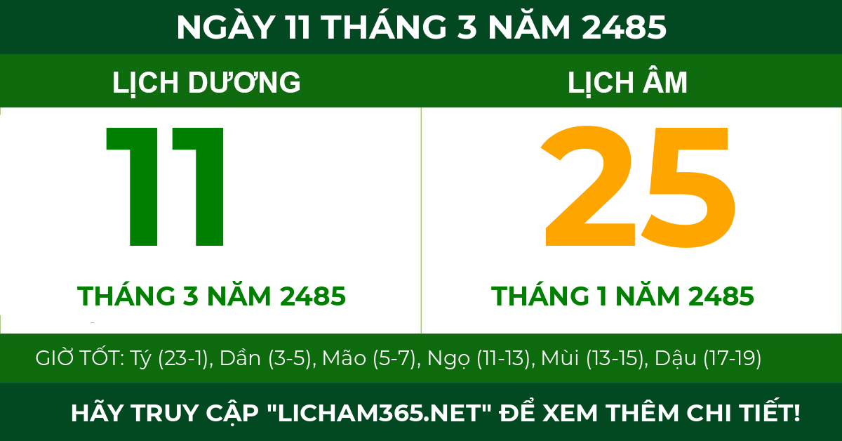 lịch âm ngày 11 tháng 3 năm 2485
