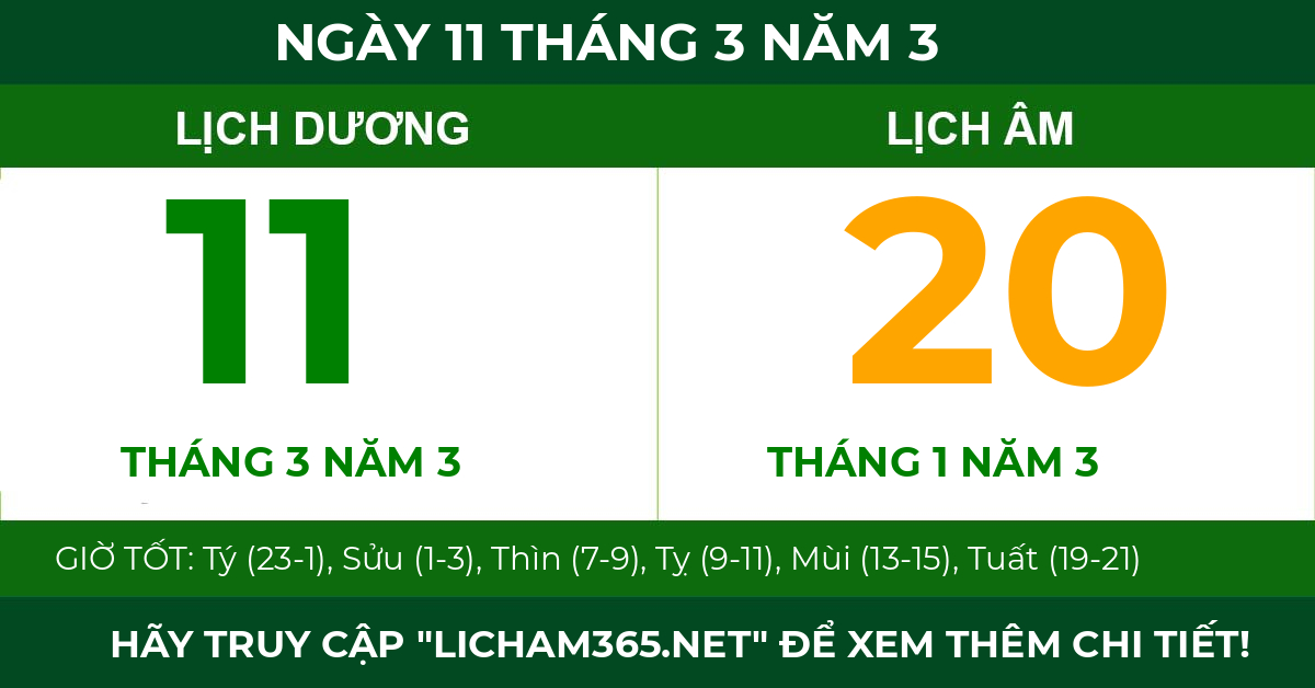 lịch âm ngày 11 tháng 3 năm 3
