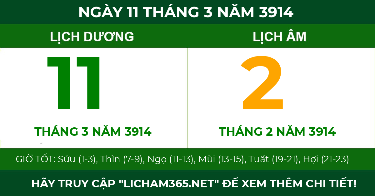 lịch âm ngày 11 tháng 3 năm 3914