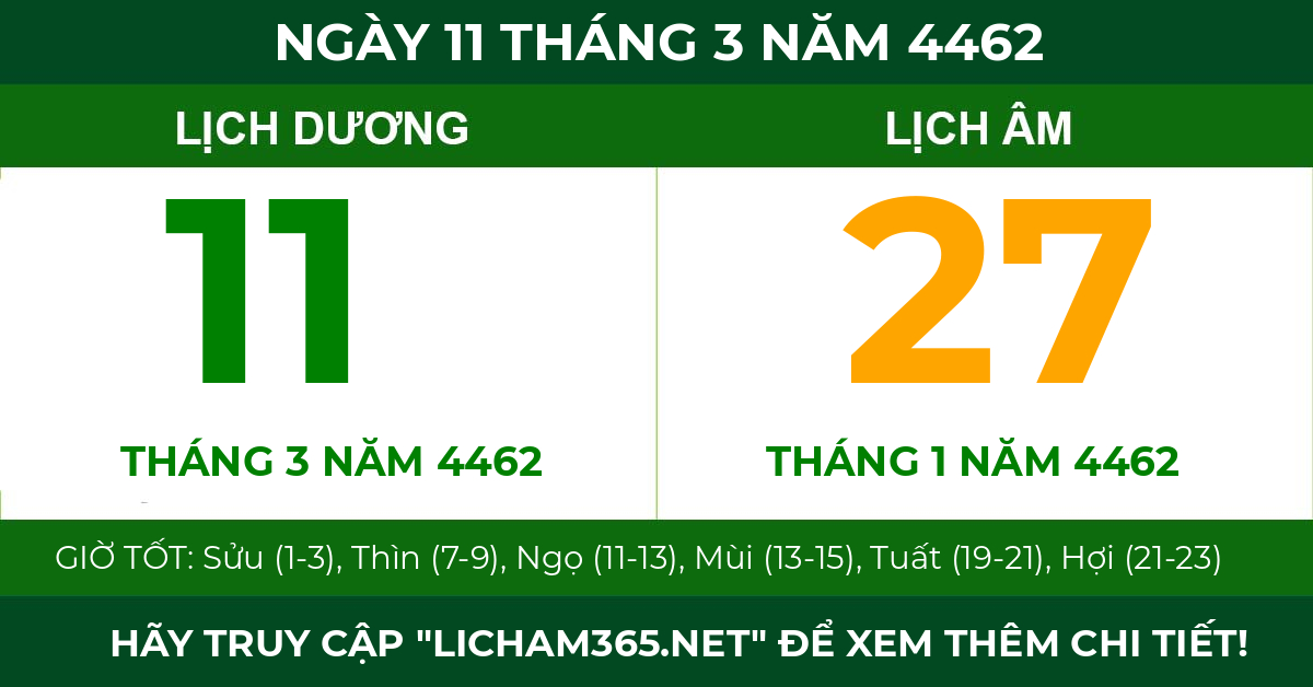lịch âm ngày 11 tháng 3 năm 4462