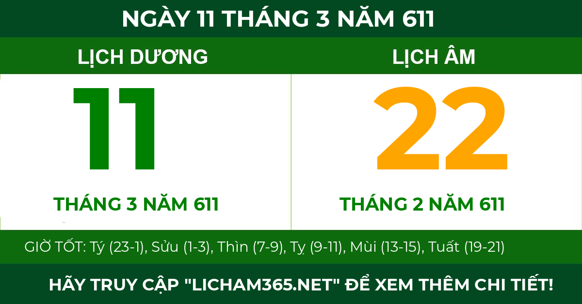 lịch âm ngày 11 tháng 3 năm 611