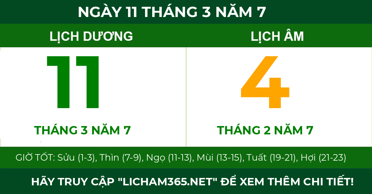 lịch âm ngày 11 tháng 3 năm 7