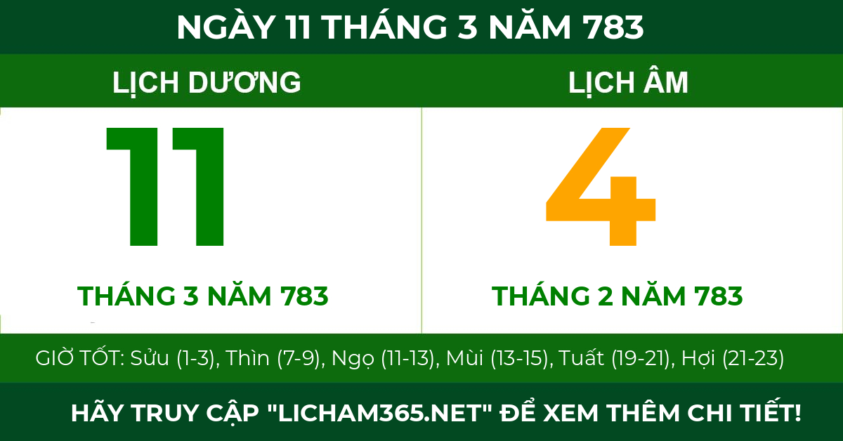 lịch âm ngày 11 tháng 3 năm 783