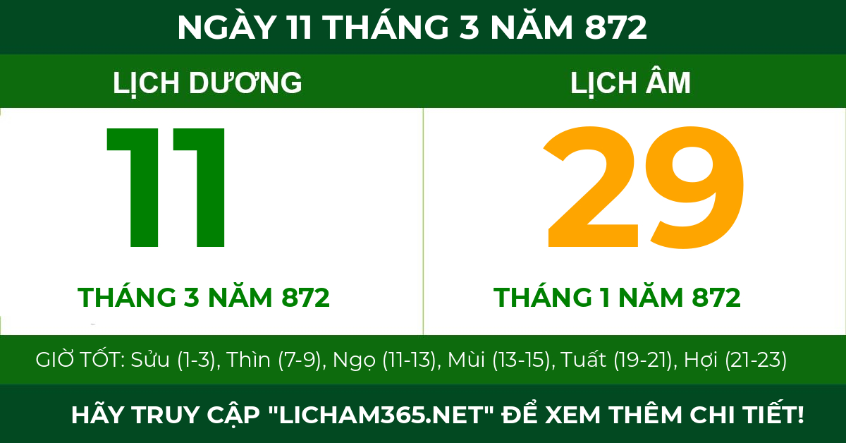 lịch âm ngày 11 tháng 3 năm 872