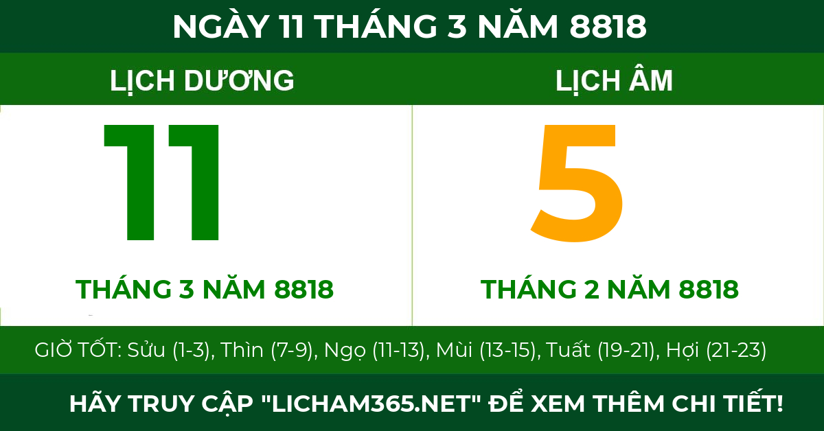 lịch âm ngày 11 tháng 3 năm 8818