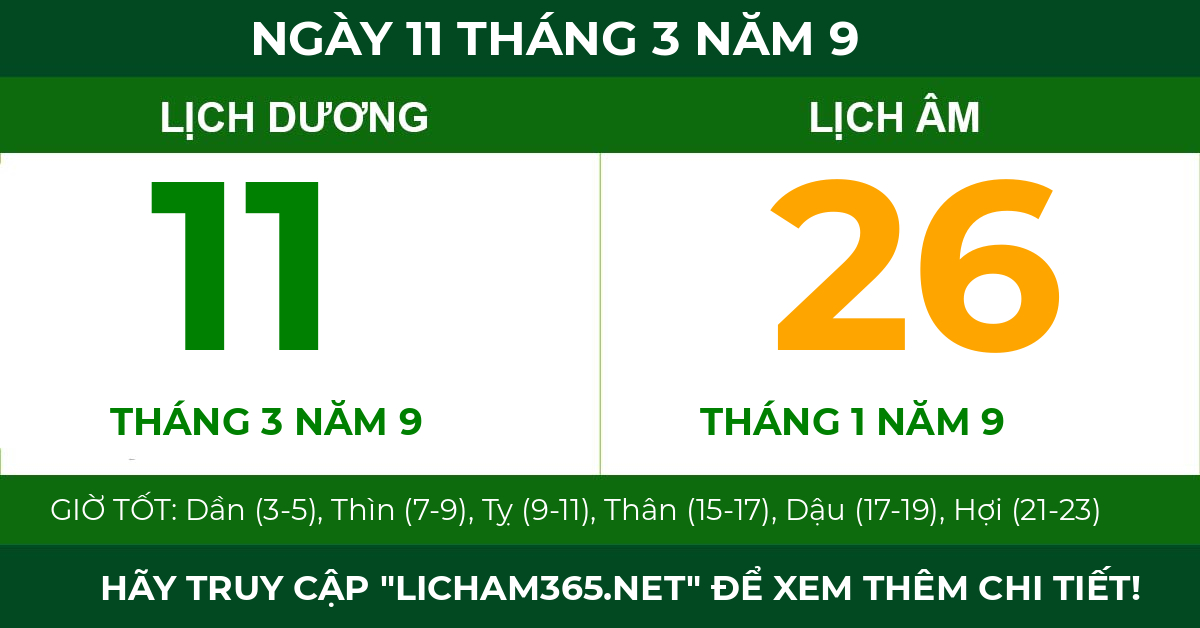 lịch âm ngày 11 tháng 3 năm 9