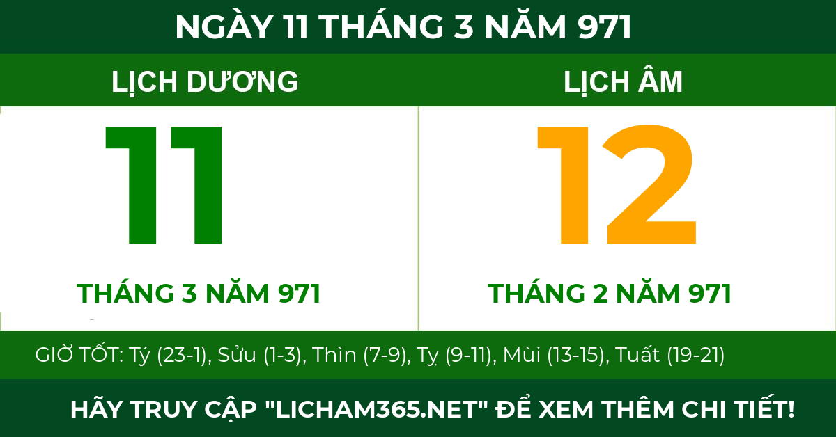 lịch âm ngày 11 tháng 3 năm 971