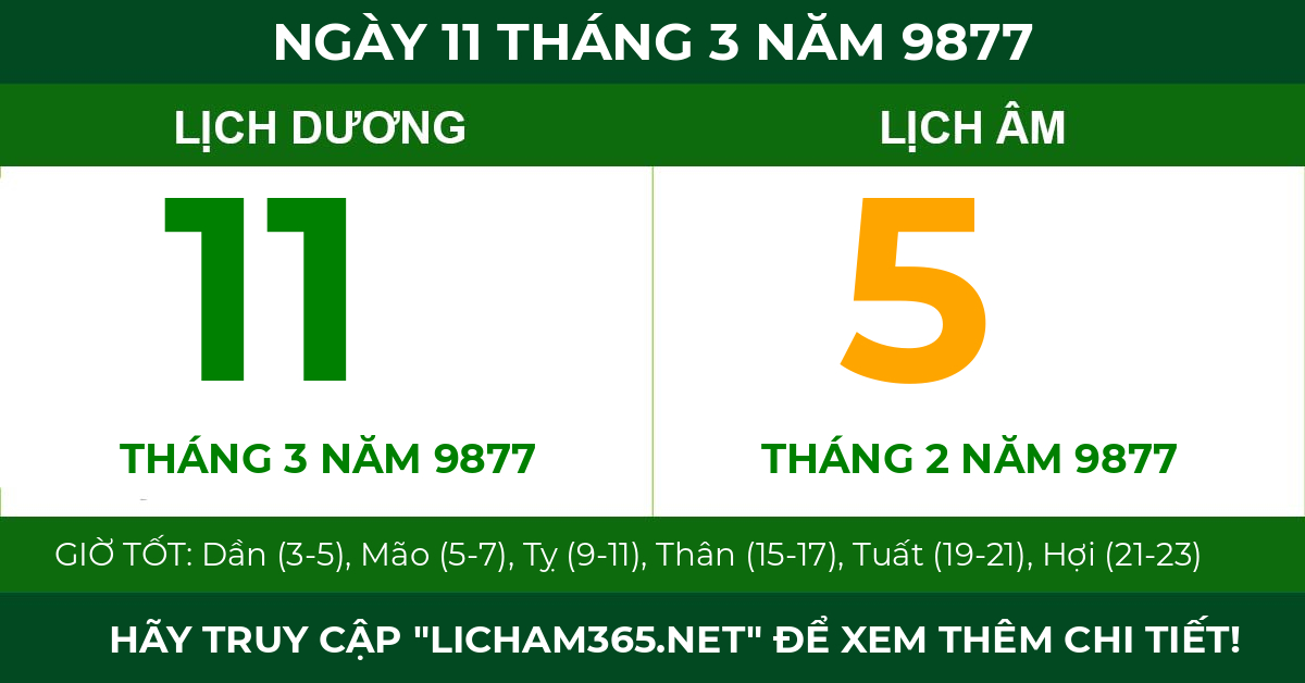 lịch âm ngày 11 tháng 3 năm 9877
